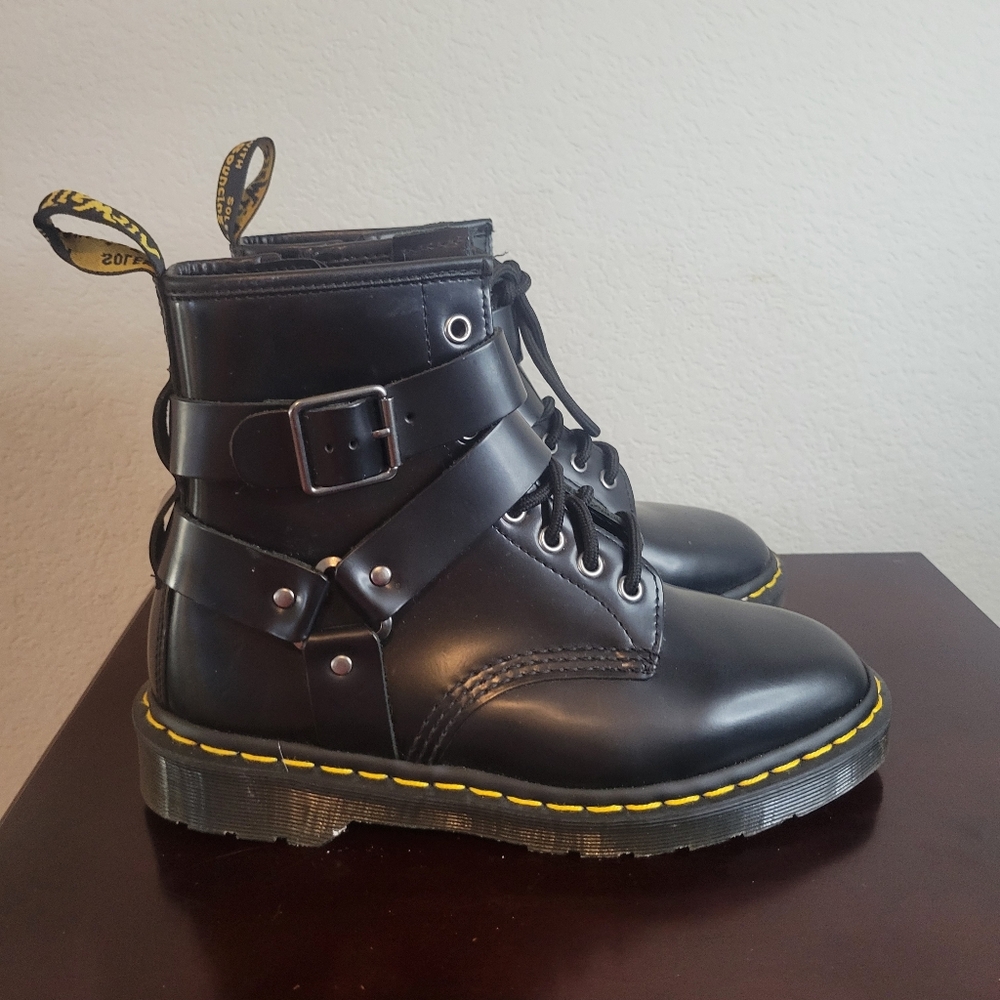 Dr. Martens Black Leather Boots with Buckle and Yellow Stitching